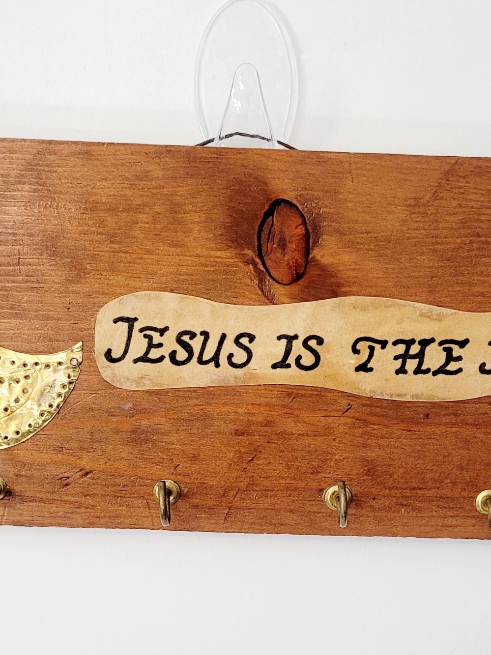 Religious Wooden Wall Key Hook Sign in Brown and Gold - Jesus Is The Key